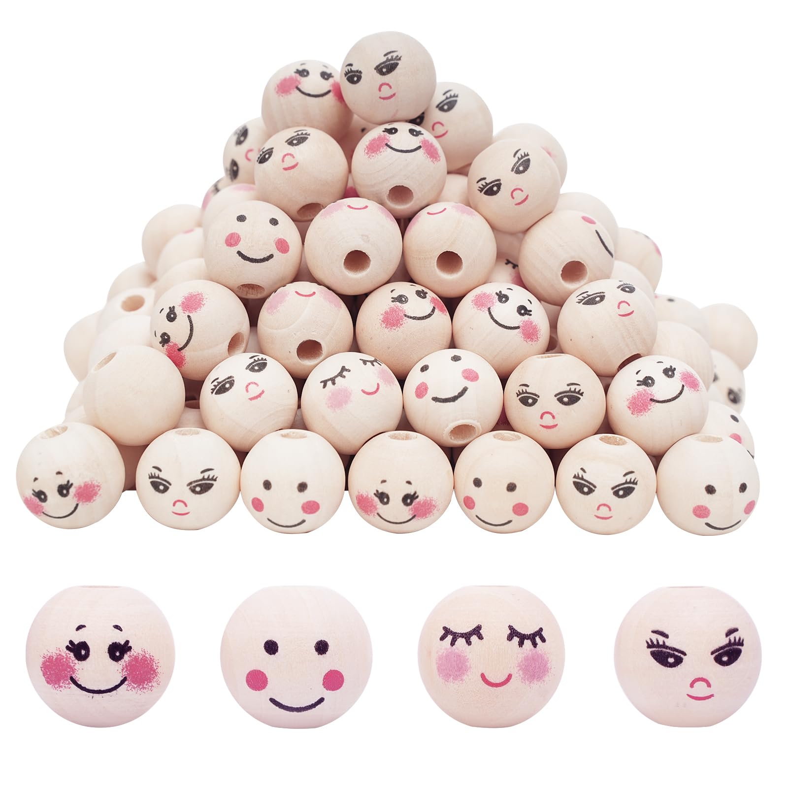 DLUSZERT 120PCS Smile Wooden Beads, 16MM Natural Wooden Beads with Angel Faces, Wood Round Ball of 4 Styles for Crafts, Round Wood Smiley Face Bead with 4mm Hole for Christmas Angel
