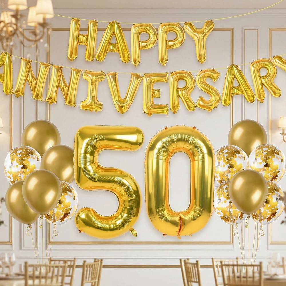 50th Golden Wedding Anniversary Decorations - Complete Balloon Set with Foil Number 50, Latex & Glitter Balloons for Party Decor (Gold)