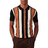 Kallspin Men's Vintage Knit Polo Shirt Short Sleeve Striped Button Down Knitting Golf Shirts