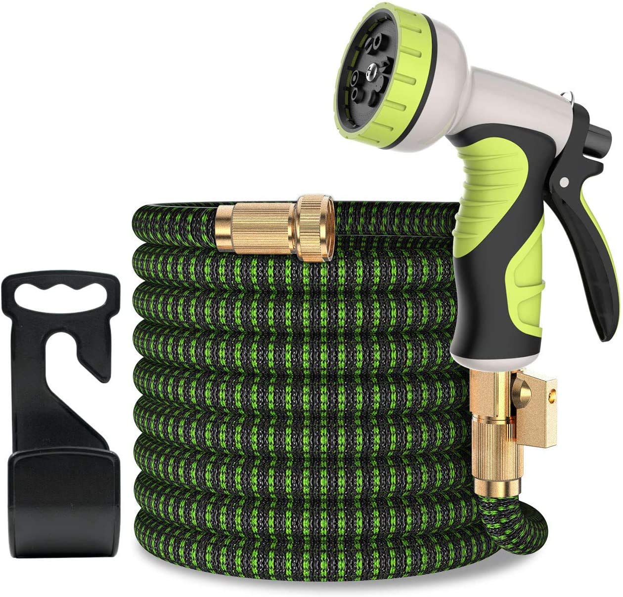 Expandable Hosepipes for Garden, 50FT Flexible Water Hose with 1/2'' & 3/4" Solid Metal Connector/ Double Latex Core/ Fittings 9 Function Spray Gun Nozzle/ Hanging Hook/ Storage Bag