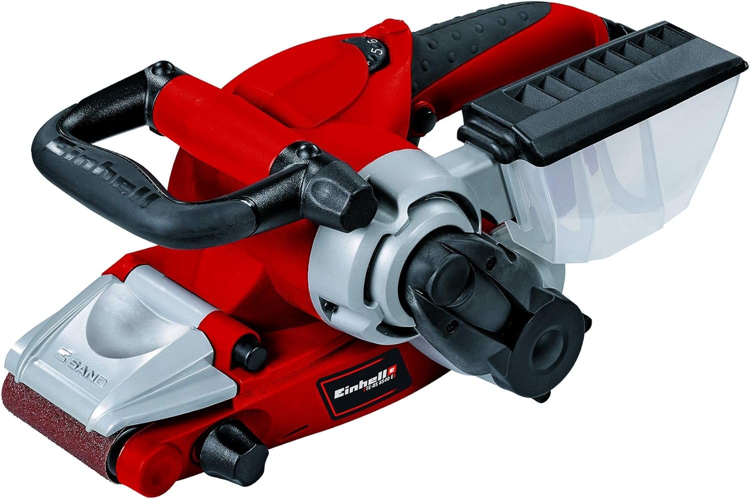 Einhell Belt Sander 850W, Strip Sander with Tool-Free Belt Change, Hinged Front Cover, Soft Grip, Band Sander with Dust Collector Including 1x P80 Grinding/Sanding Belt TE-BS 8540 E