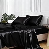 MR&HM Satin Bed Sheets, Queen Size Sheets Set, 4 Pcs Silky Bedding Set with Elastic Corner Straps and 15 Inches Deep Pocket for Mattress (Queen, Black)
