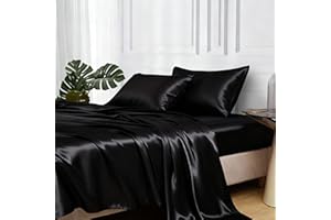 MR&HM Satin Bed Sheets, Queen Size Sheets Set, 4 Pcs Silky Bedding Set with 15 Inches Deep Pocket for Mattress (Queen, Black)
