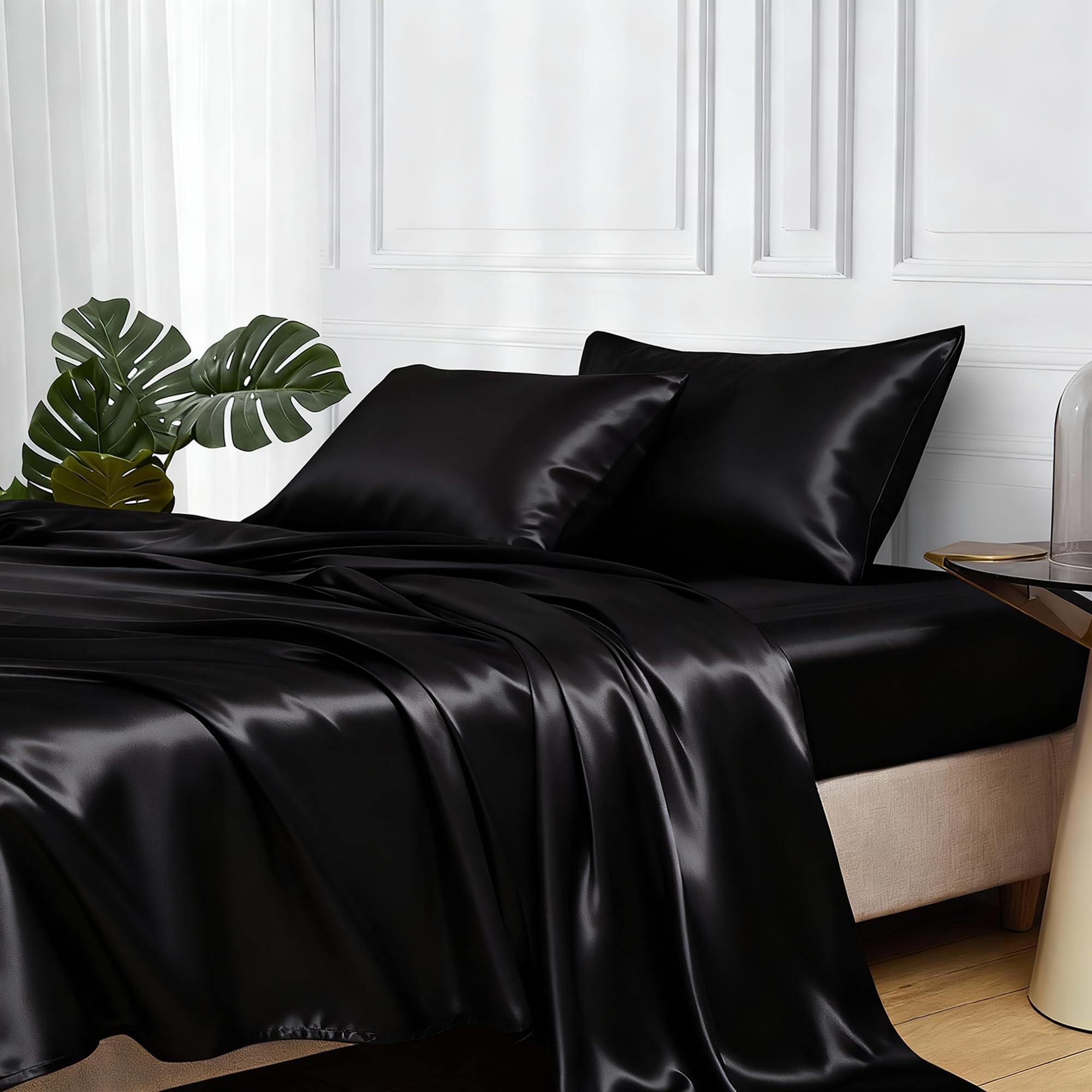 Photo 1 of ***PARTIAL SET - PRICE ADJUSTED***
MR&HM Satin Sheets Full Size with Elastic Corner Straps, 4-Piece Silky Bedding Set, Deep Pocket 15 Inches, Good for Hair & Skin (Full, Black)