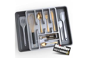 MUELLER AUSTRIA Mueller Large Flatware Kitchen Drawer Organizer, Expandable 19.7" x 15" Silverware Organizer, 6 Compartments, Heavy-Duty, Cutlery Tray for Utensils or Stuff, Dining Room, Living Room, Grey