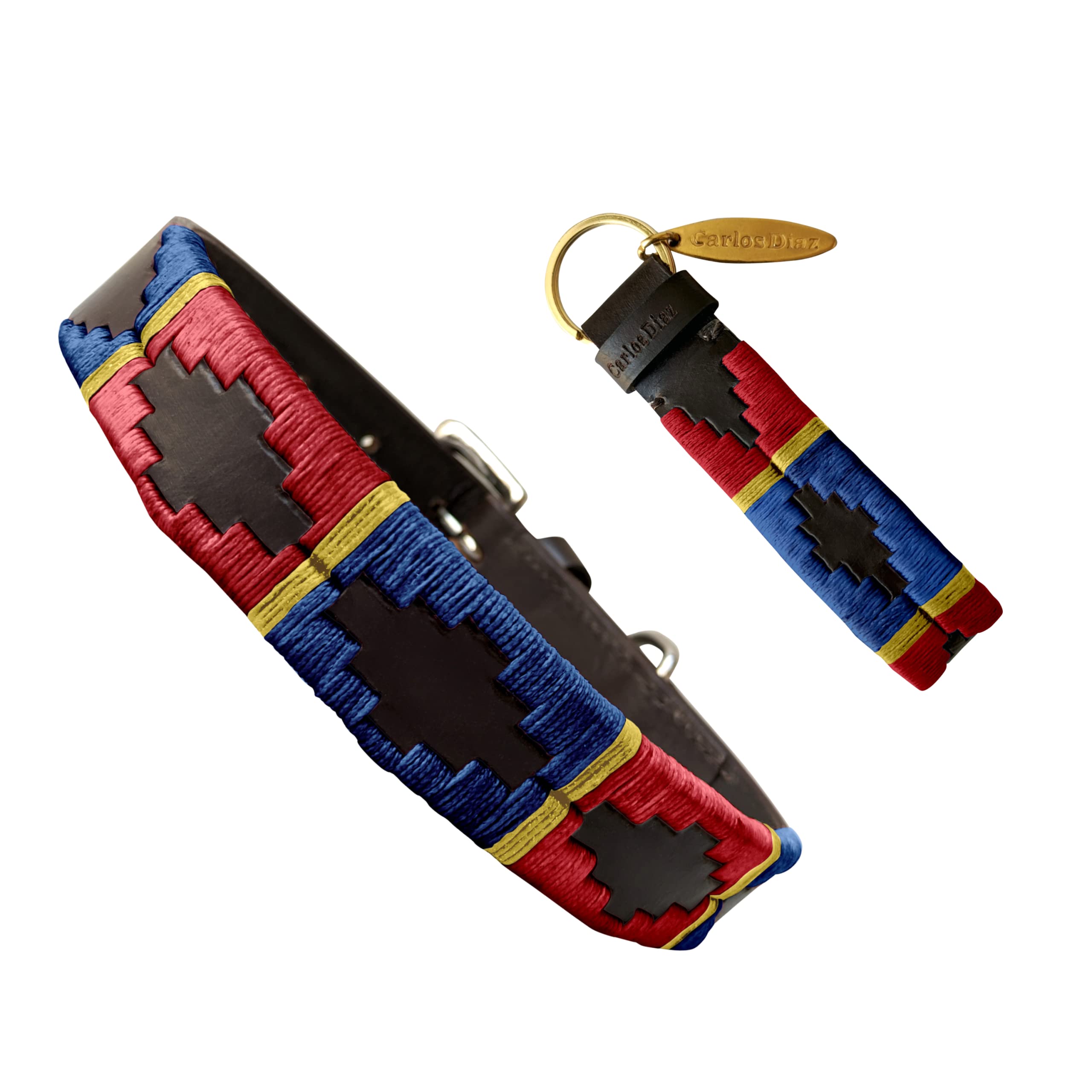 Carlos Diaz Genuine Leather Waxed Embroidered Polo Dog Collar M