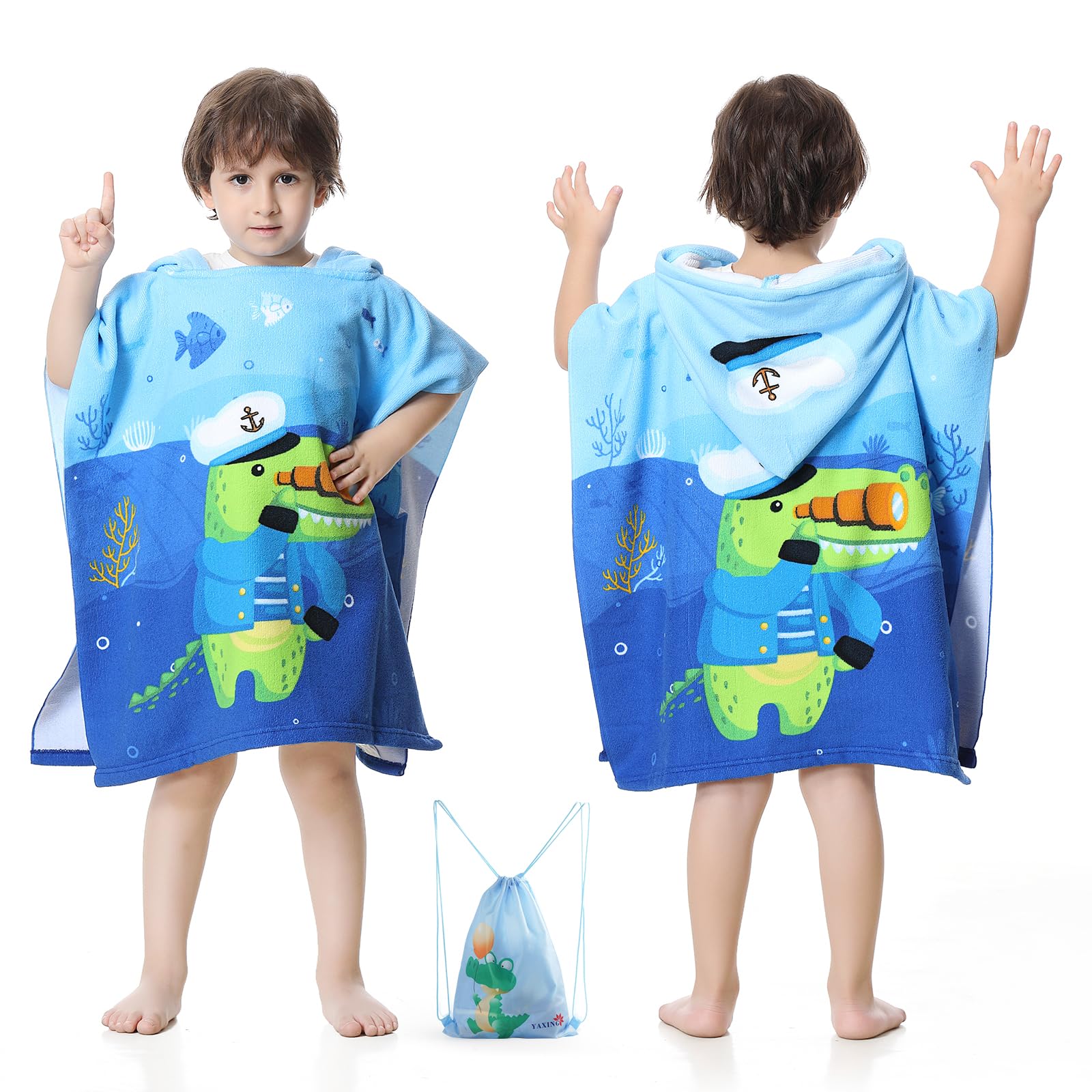 MOKANI Hooded Poncho Towels for Kids, Microfibre Ultra Soft Baby Beach Swimming Towels, Quick Dry Warm Wrap Changing Robe with Drawstring Bag for Boys Girls (Children's Height: 85-110 cm)
