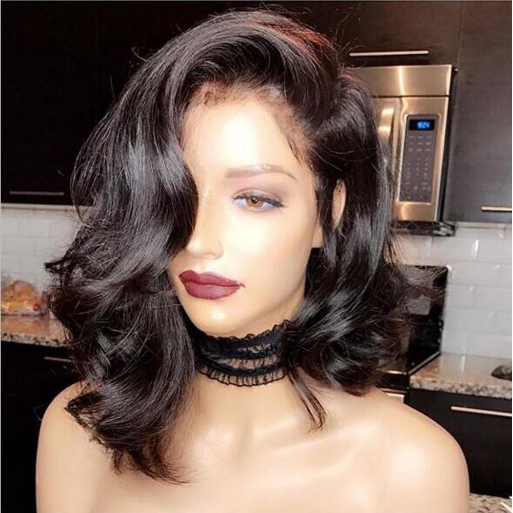 Wavy Human Hair Short Lace Front Wigs 130% Density Brazilian Virgin Hair Full Lace Short Bob Wigs With Baby hair (12 inches, lace front wig)