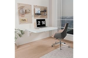 IAE Wall Mounted Folding Table with Pine Wood,24" x 14" Floating Wall Desk,Laundry Folding Table with Shelf Bracket,Fold Down Desk Shelf,Folding Workbench for Home,Dining, Laundry Room,Kitchen,White