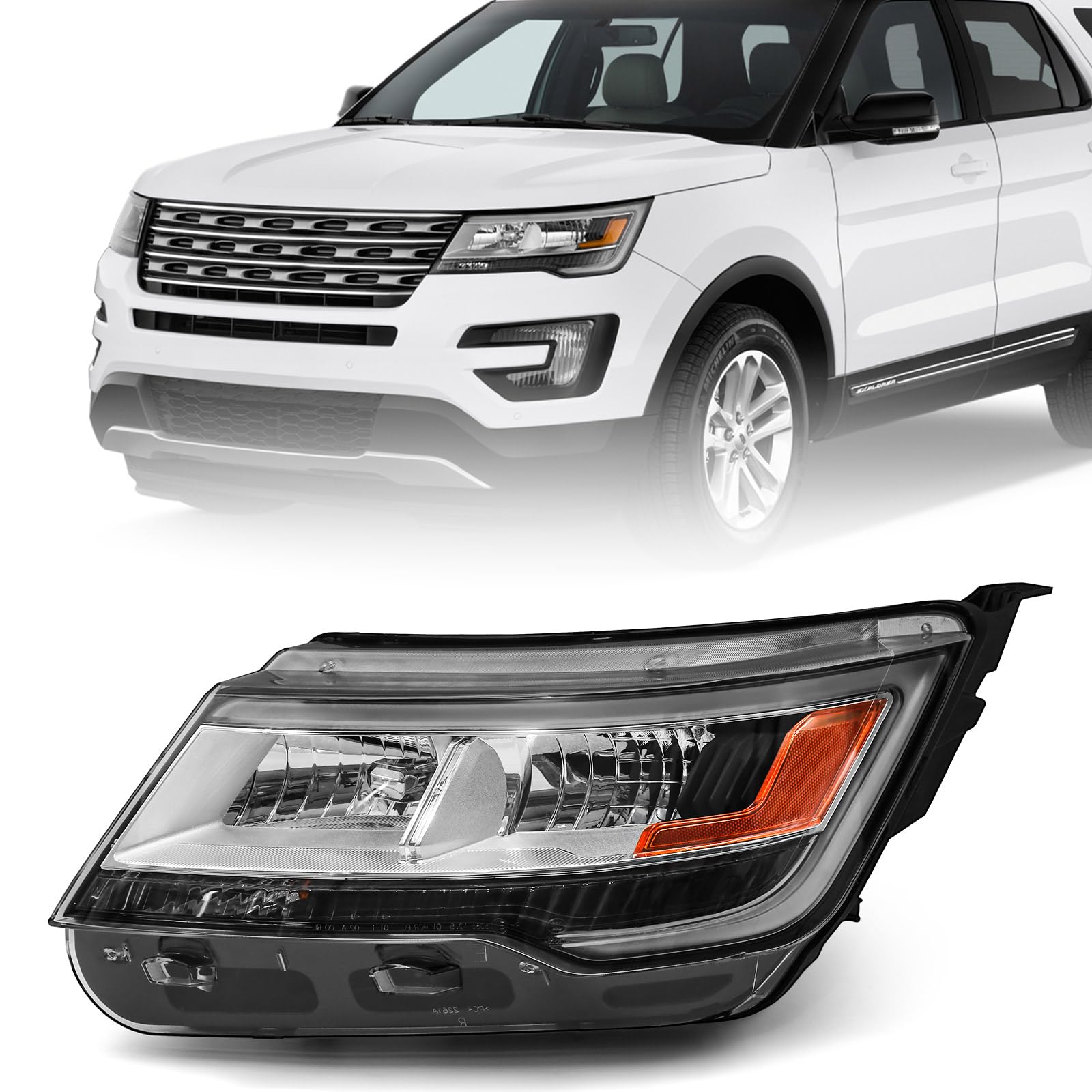 Munirater Right Headlight Assembly For Ford Explorer 2016-2019 – Halogen With LED DRL, Black Housing