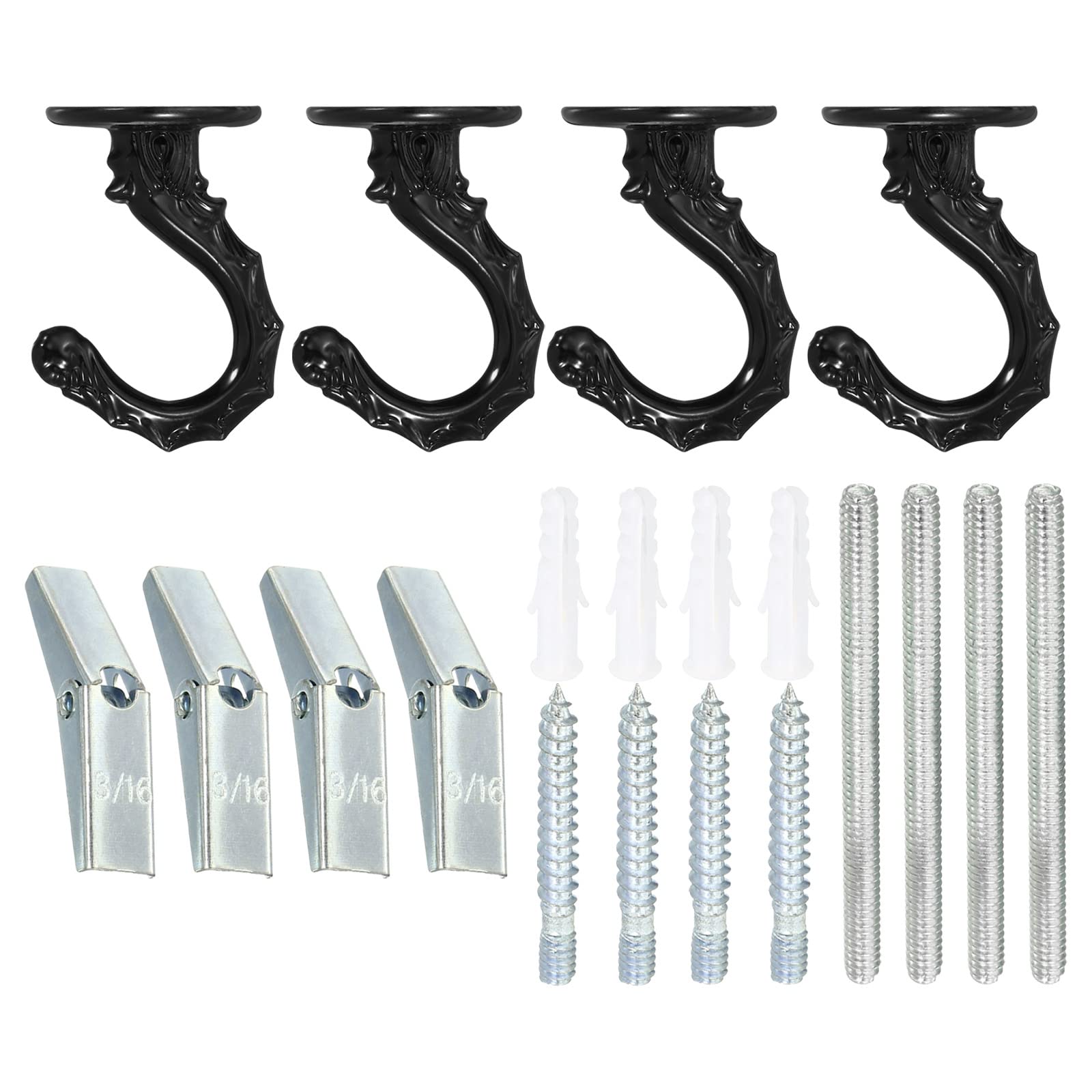 PATIKIL 2.2" x 1.6" Ceiling Hook, 4 Set Ceiling Hooks with Mounting Hardware for Indoor and Outdoor Plant Hanging, Black