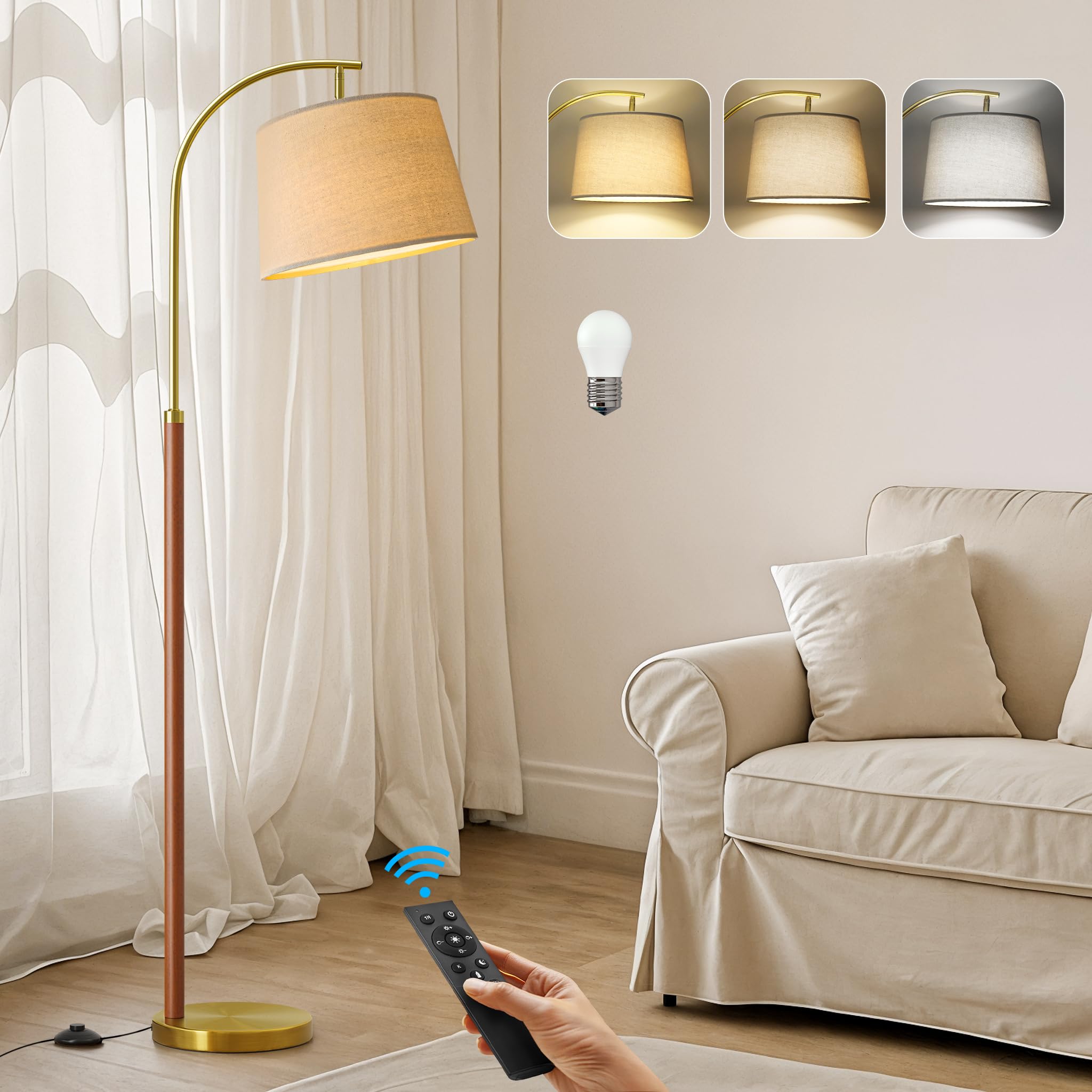 Photo 1 of 62.5" Gold Floor Lamp for Living Room Dimmable Standing Lamp with Remote & Foot Switch, 3 Color Temperatures Arc Tall Lamp Wood Mid Century Modern Floor Lamps for Bedroom Office, 9W Bulb Included