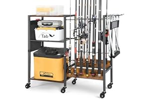 Olakee Fishing Rod Holder, Fishing Pole Holders for Garage Boat Home Entryway Fishing Gear Storage with Tackle Cart Ideal Gift for Men Dad Anglers Corner Design for Rods and Equipment Organizers