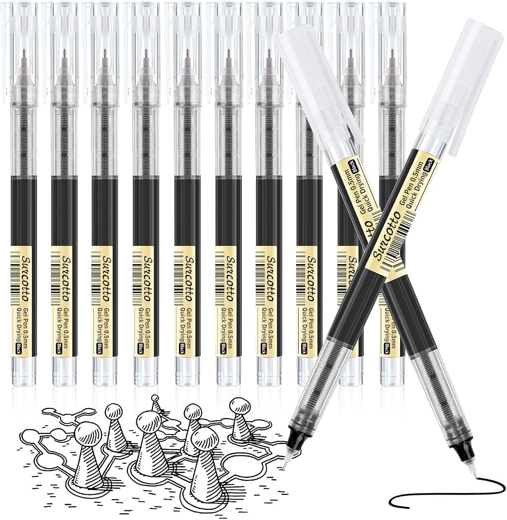 Surcotto Gel Ink Pens 12 Pack 0.5mm Black Ultra-Fast Drying Smooth Writing