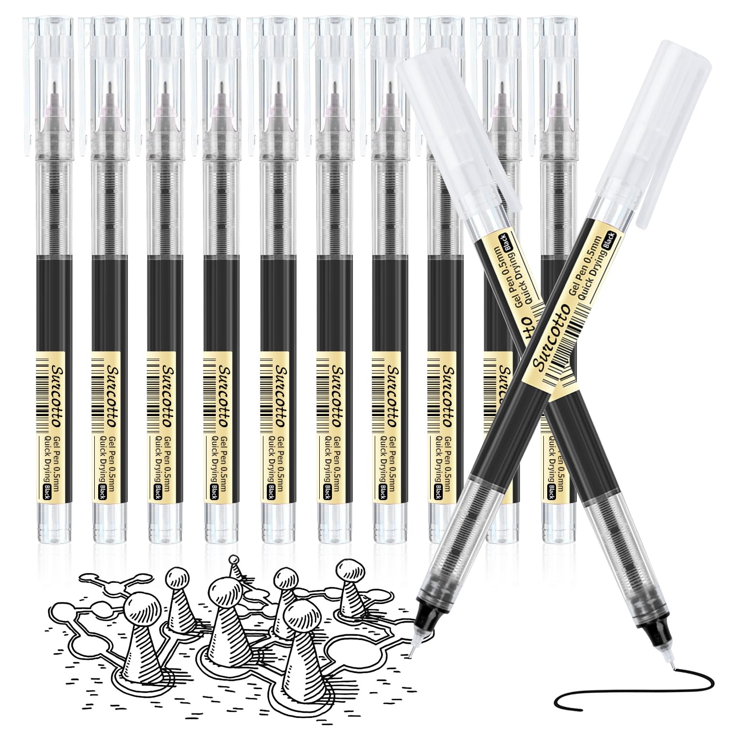Surcotto Gel Ink Pens, 12pcs 0.5mm Black, Ultra-Fast Drying for Writing, Drawing, and Outlining - Suitable for Students and Office Workers