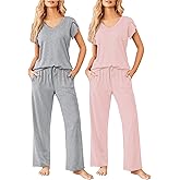 Ekouaer 2 Pack Womens Pajamas Short Sleeve Sleepwear Top with Pants Super-Soft Printed Lounge Sets S-XXL