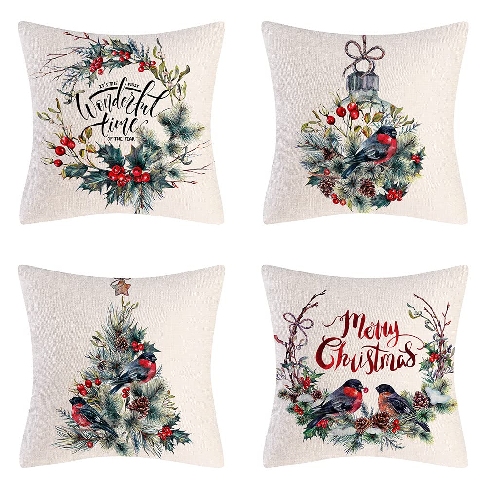 BCKAKQA Christmas Decorative Throw Pillow Covers 18x18 inch Set of 4 Red and Dark Green Cushion Covers 45cm x 45cm Linen Square Pillowcases for Living Room Sofa Couch Bed Cushions
