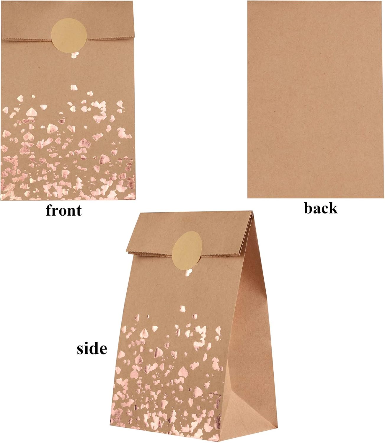 Cooraby 30 Pieces Heart Bronzing Rose Gold Kraft Paper Bags with 48 Stickers Candy Sweet Goodie Paper Bags for Wedding Birthday - Image 4