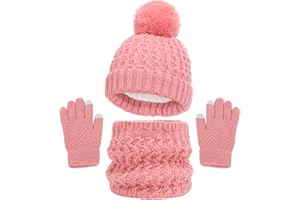 SEAUR Boys Girls Winter Snow Hat Gloves Scarf Set Pom-Pom Beanie Knit Mittens Neck Warmer Set with Fleece Lining