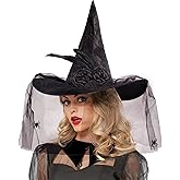 Edussy Lace Halloween Witch Hat with Veil Halloween Costume Witches Hats for Women Accessories