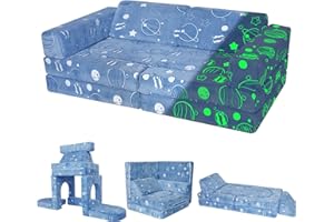 MeMoreCool Kids Couch Sofa 10-Piece, Toddler Glow Space Sofa for Playroom, Fold Out Foam Couch for Girl Boy, Convertible Modular Play Set Cushion