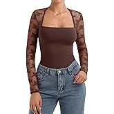 PINKMSTYLE Women Sexy Square Neck Lace Long Sleeve Tops Slim Fit Double Lined Trendy Y2K Going Out Fall Shirts
