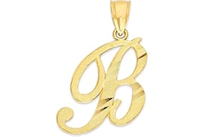 Ice on Fire Jewelry 10k Solid Real Gold Cursive Initial Pendant, English Alpahbet A-Z Letter Charm with Diamond Cut (B)