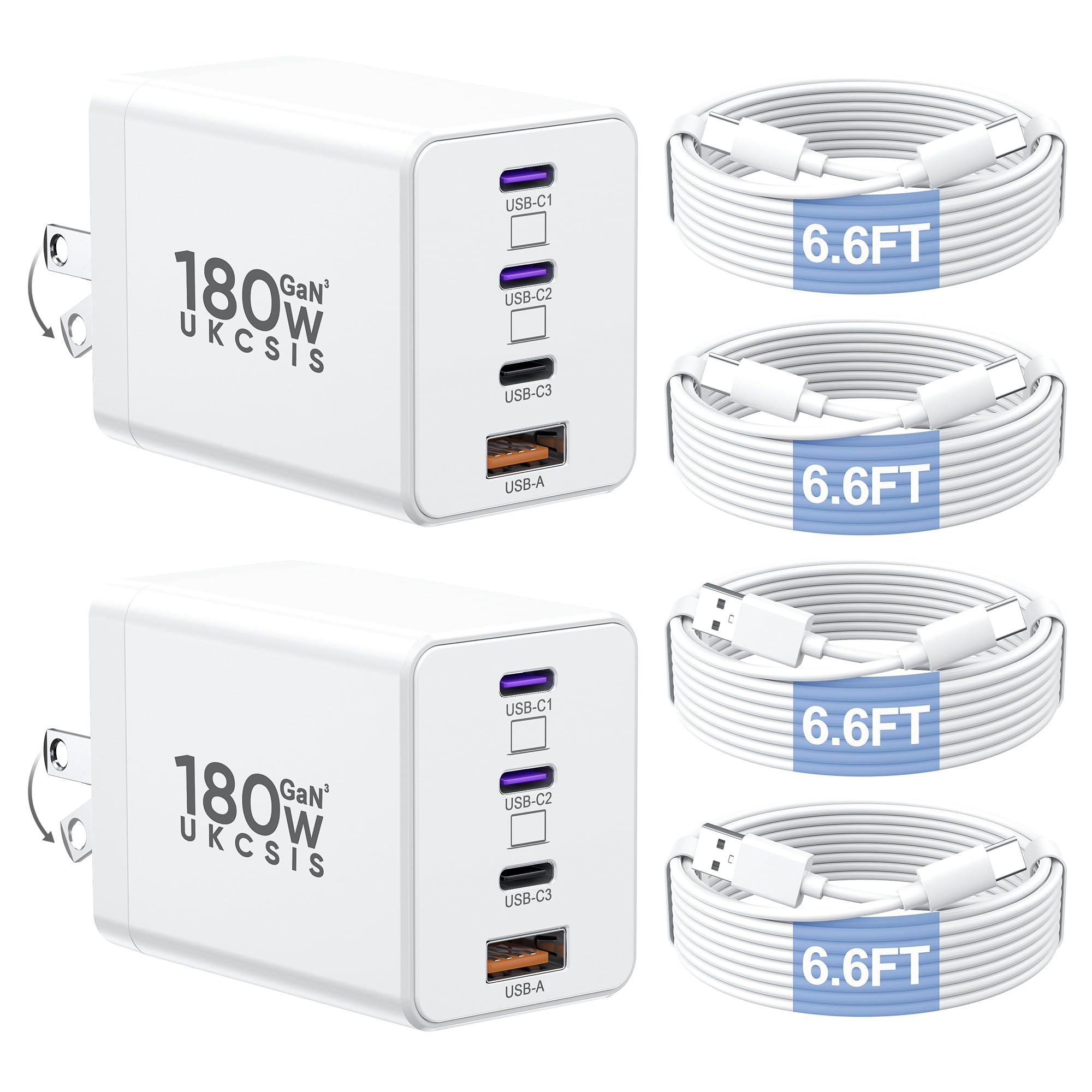 Photo 1 of 2 Pack 180W USB C Charger Block, Foldable 4-Port GaN Super Fast Charger USB C, Dual 65W Type C Charging Block, Laptop Fast Charging Adapter for MacBook Pro/Air, iPad, iPhone, Samsung Galaxy (White)