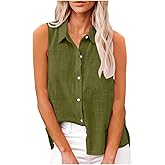 Cotton Linen Shirts for Women Sleeveless Collared Tops Oversized Button Up Blouses Work Shirts Casual Summer Tshirt