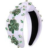 NVENF St.Patrick's Day Headband for Women Green Shamrock Knotted Headbands Rhinestone Crystal Lucky Leaf Embellished Wide Top Knot Headbands St.Patrick's Day Accessories Outfits Gifts (Leaf C)