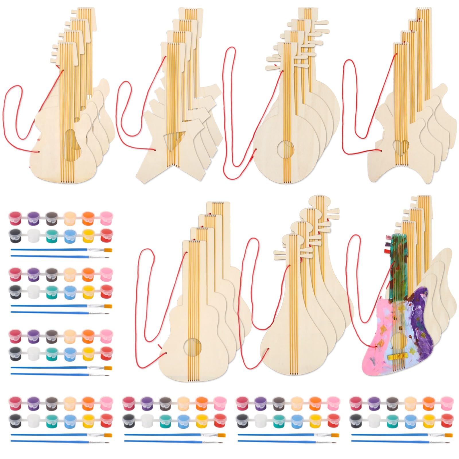 28 Pcs Wooden Guitar Craft Set, Unfinished Wood Cutouts with 7 Paint Kits for DIY Art and Classroom Projects