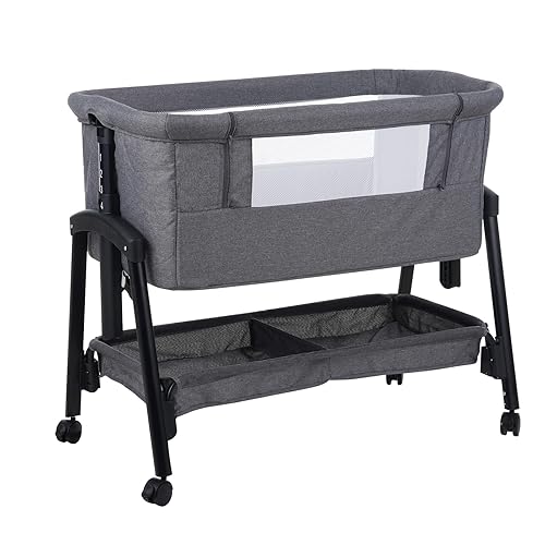 Kisdream® 3-in-1 Next to Me Crib: Baby Crib with Mattress | Co-Sleeper 5 Height Levels - Baby Cradle Folding Adjustable & Rocking - Bassinet with Wheels | Portable Cot & Bed for Travel