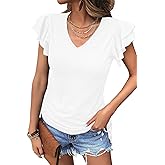 Womens Summer Tops Ruffle Short Sleeve Side Tie Drawstring V Neck T-Shirts Solid Color Casual Tunic Blouses Shirts