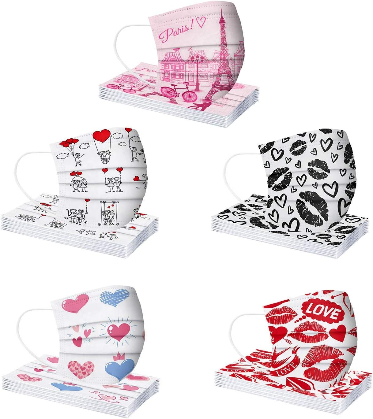 50PCS Valentine's Day Face Mask, Adults Disposable Face Masks 3Ply Breathable Comfortable 3