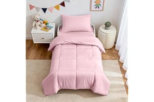 ZPECC Toddler Bedding Set - 4 Piece Hypoallergenic Baby Crib Bedding Set for Boys and Girls, Includes Toddler Comforter, Flat Sheet, Fitted Sheet and Pillowcase, Pink Stripe