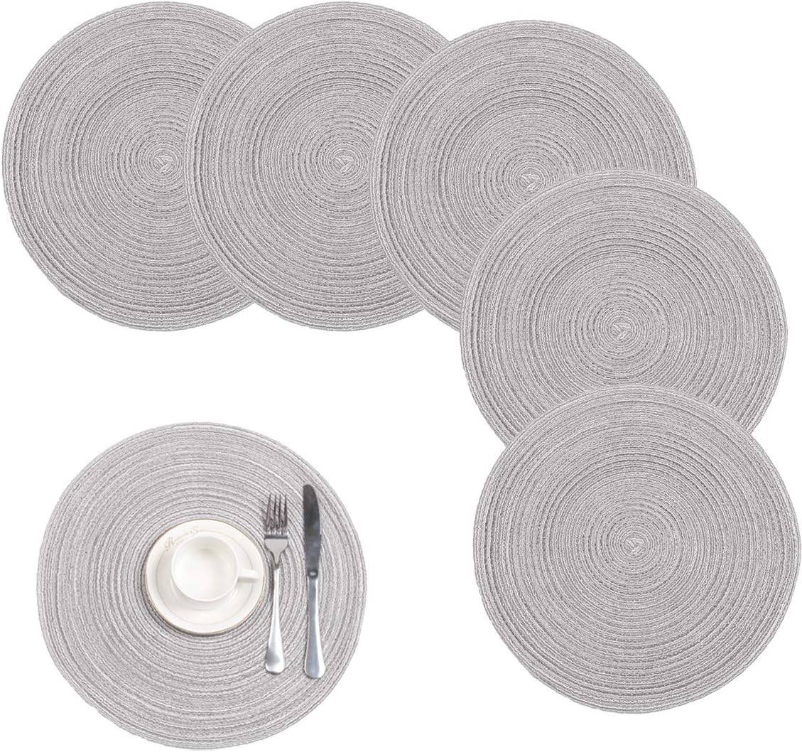 Pauwer Large Cotton Braided Round Placemats for Kitchen Dining Table Woven Round Table Place mats Washable,Set of 6