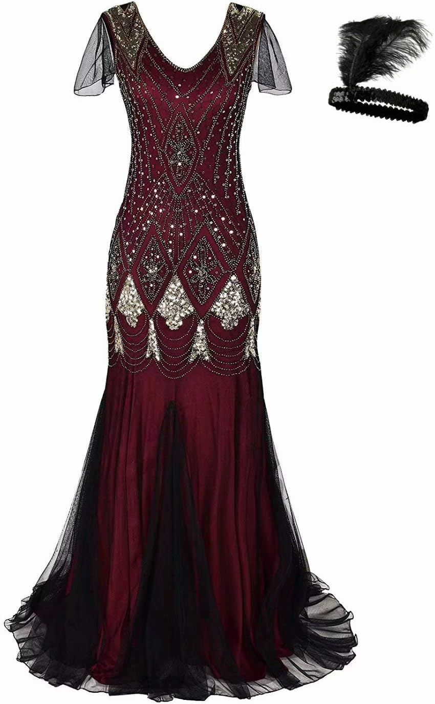 aifuu1920s Gatsby Flapper Dress Women Long Prom Evening Gowns Beaded Sequin Mermaid Hem Ball Party Costume Plus Size