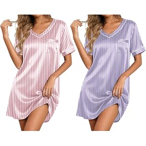 Ekouaer 2 Pack Nightgowns for Women Satin Short Sleeve V Neck House Dresses