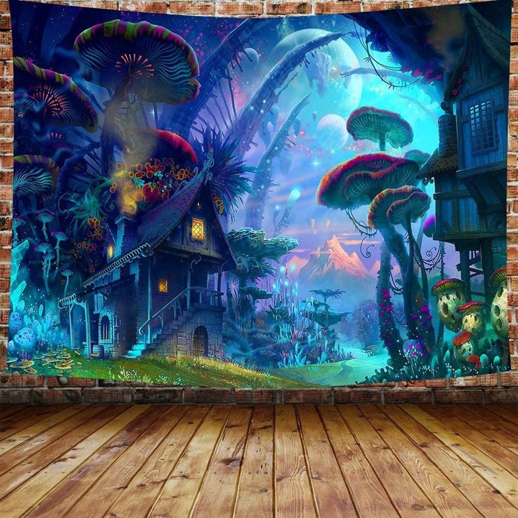 Awesocrafts Tapestry Wall Hanging Planets Mushroom Trippy House Psychedelic, Tapestries for Bedroom College Dorm Living Room Wall Decor Art (Mushroom, 59x79 inch)