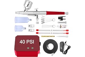 Gocheer Airbrush Kit with Air Compressor, 40 PSI High Pressure Air Brush Non-Clogging with 0.2/0.3/0.5mm Nozzle/Cleaning Sets, Ideal for Painting, Modeling, Cake Decor, Pastry, Makeup, Nail Art Red