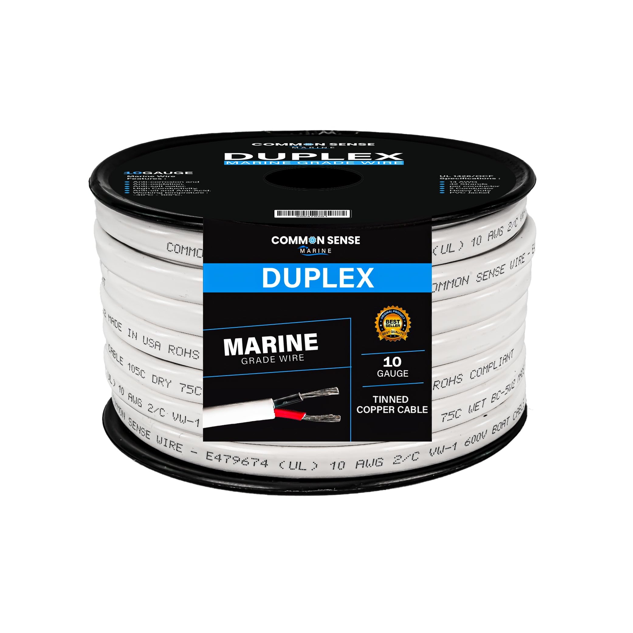 10/2 AWG UL 1426 (The Real Thing) Duplex Flat Marine Wire - Tinned Copper Boat Cable - Red/Black - 60 Feet - White PVC Jacket