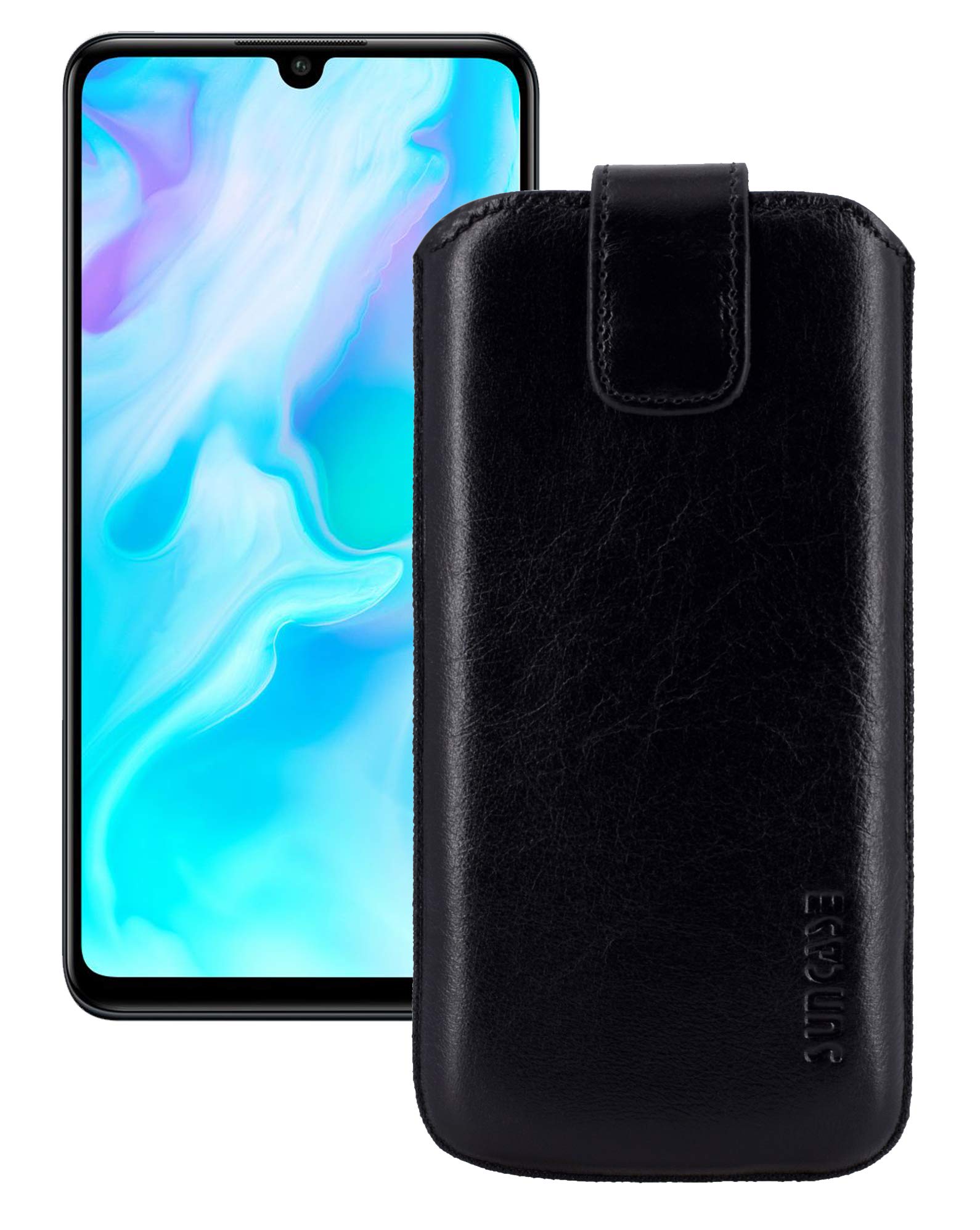 "Suncase case compatible with Huawei P30 Lite with ADDITIONAL cover/shell/bumper/silicone *tab with pull-out function* mobile phone case leather case protective case cover in black