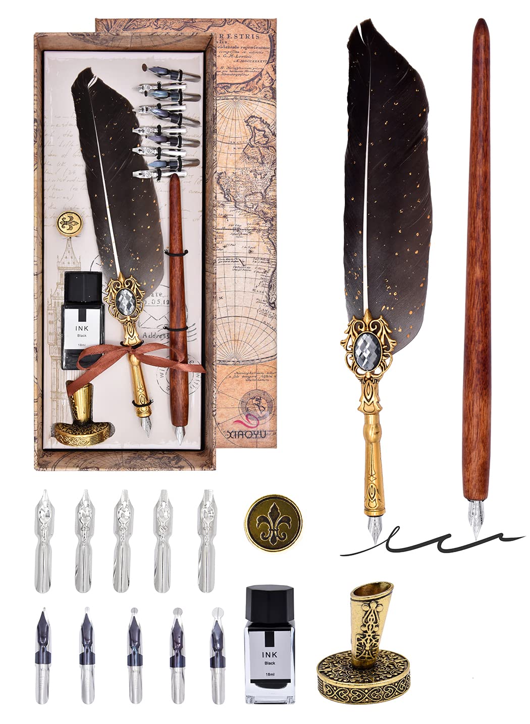XIAOYU Feather Calligraphy Pen Ink Set, incluedes Quill Pen and Wooden Dip Pen, 10 Replacement Nibs, Ink & Pen Nib Base for Writing, Drawing, Signature, Grey