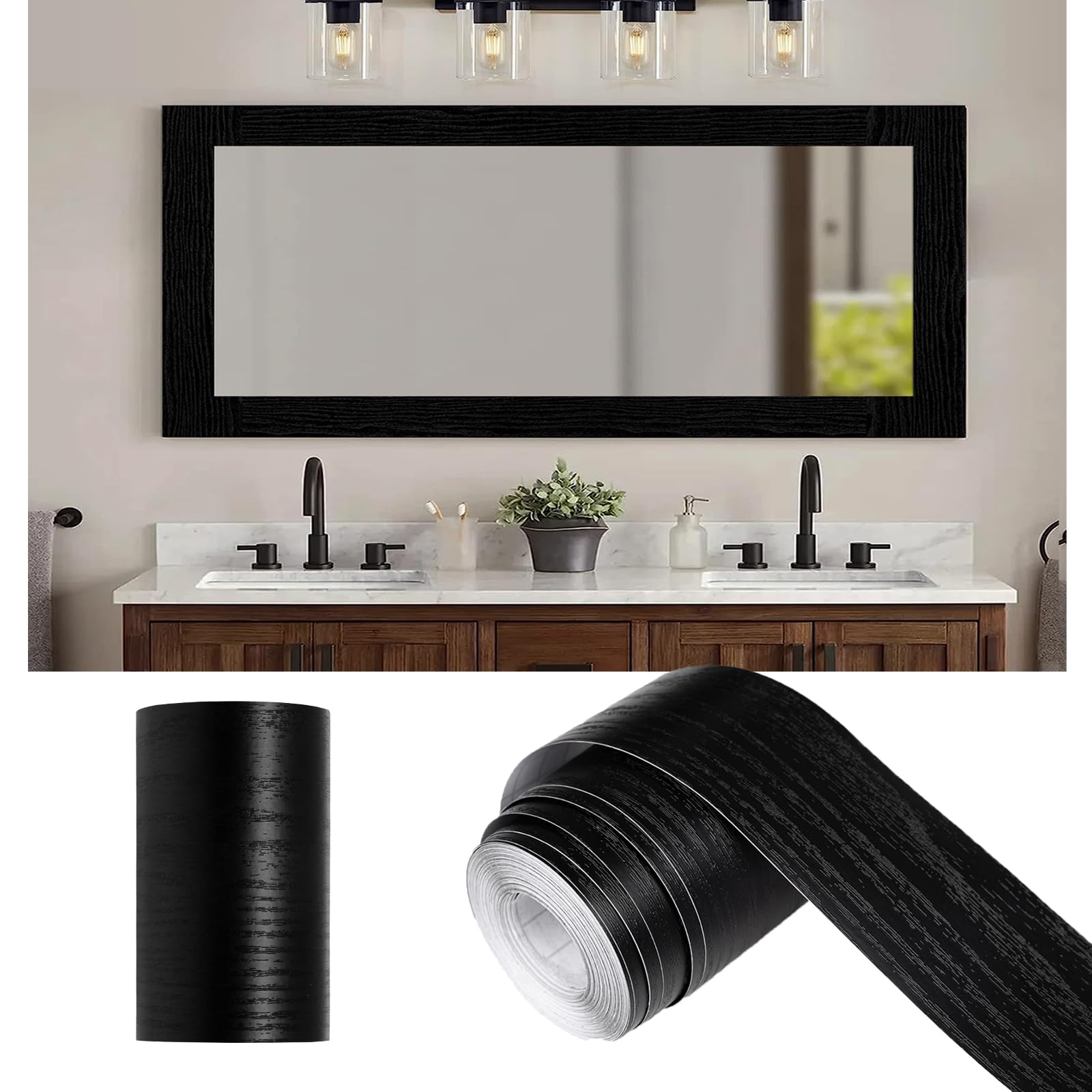 Photo 1 of Alened 10M Black Wood Grain Mirror Frame Border Peel and Stick Wallpaper, Removable PVC Waterproof Bathroom Mirror Tape Sticker Trim, Kitchen Wallpaper Self Adhesive Decor Sticker 2" x 393"