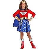 Girl's Wonder Woman Costume Cape & Tiara Accessory, Red White & Blue Long Sleeve Dress for Superhero Outfit
