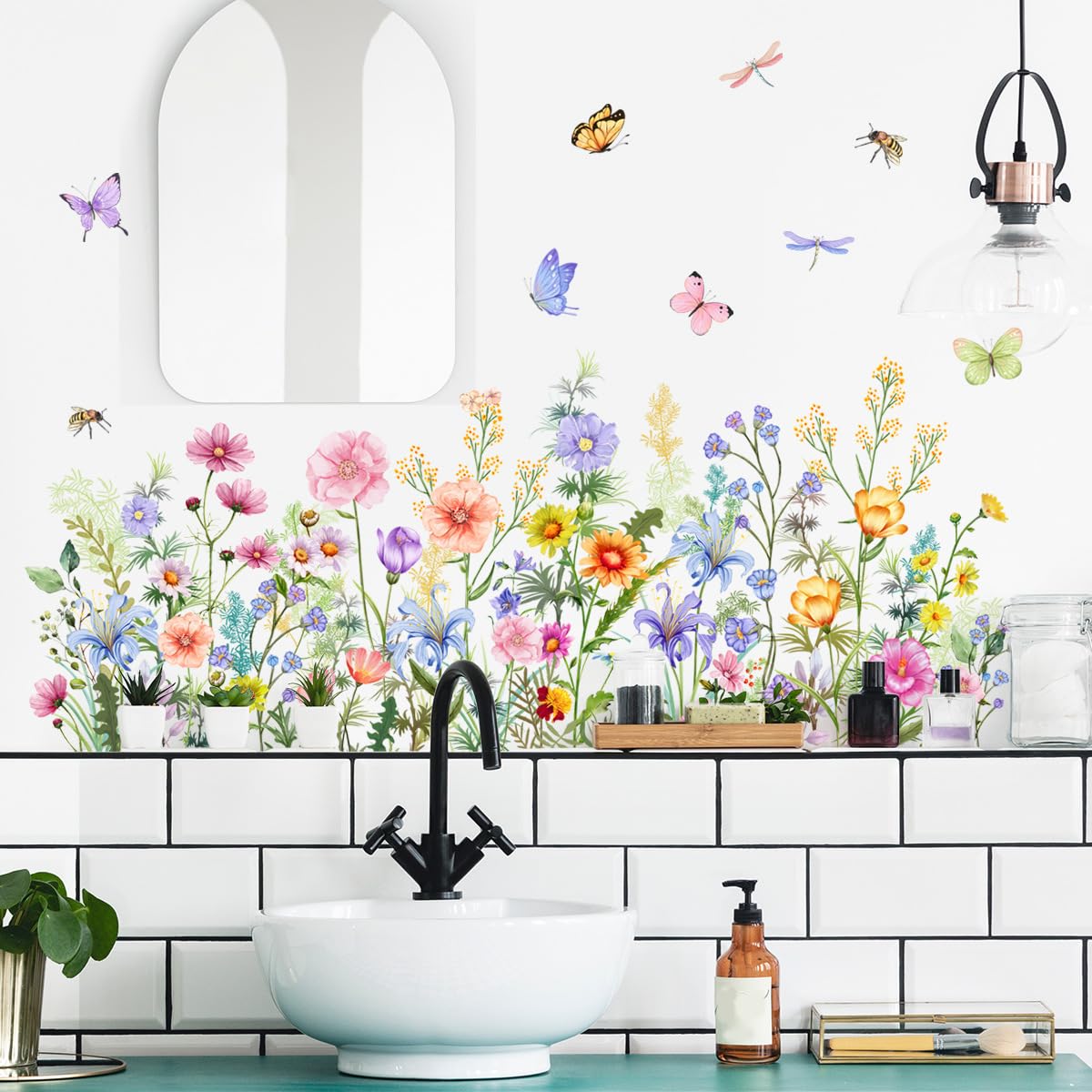 Runtoo Garden Flower Wall Art Decals Floral Baseboard Skirting Line Corner Stickers for Girls Bedroom Living Room Kids Wall Decor