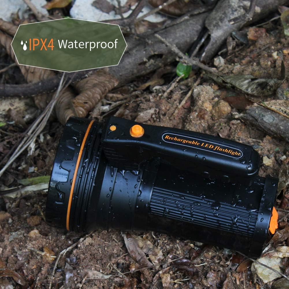 Eornmor Outdoor Handheld Portable Flashlight 6000 Lumens USB Rechargeable Super Bright LED spotlight Torch Searchlight Multi-function Long Shots Lamp, 9000ma 35W (Black) - - 