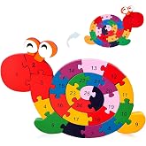 LovesTown Wooden Snail Jigsaw Puzzle, Double Sided | Alphabet &amp; Numbers, Montessori Educational, Chunky Animal Design, For Toddlers