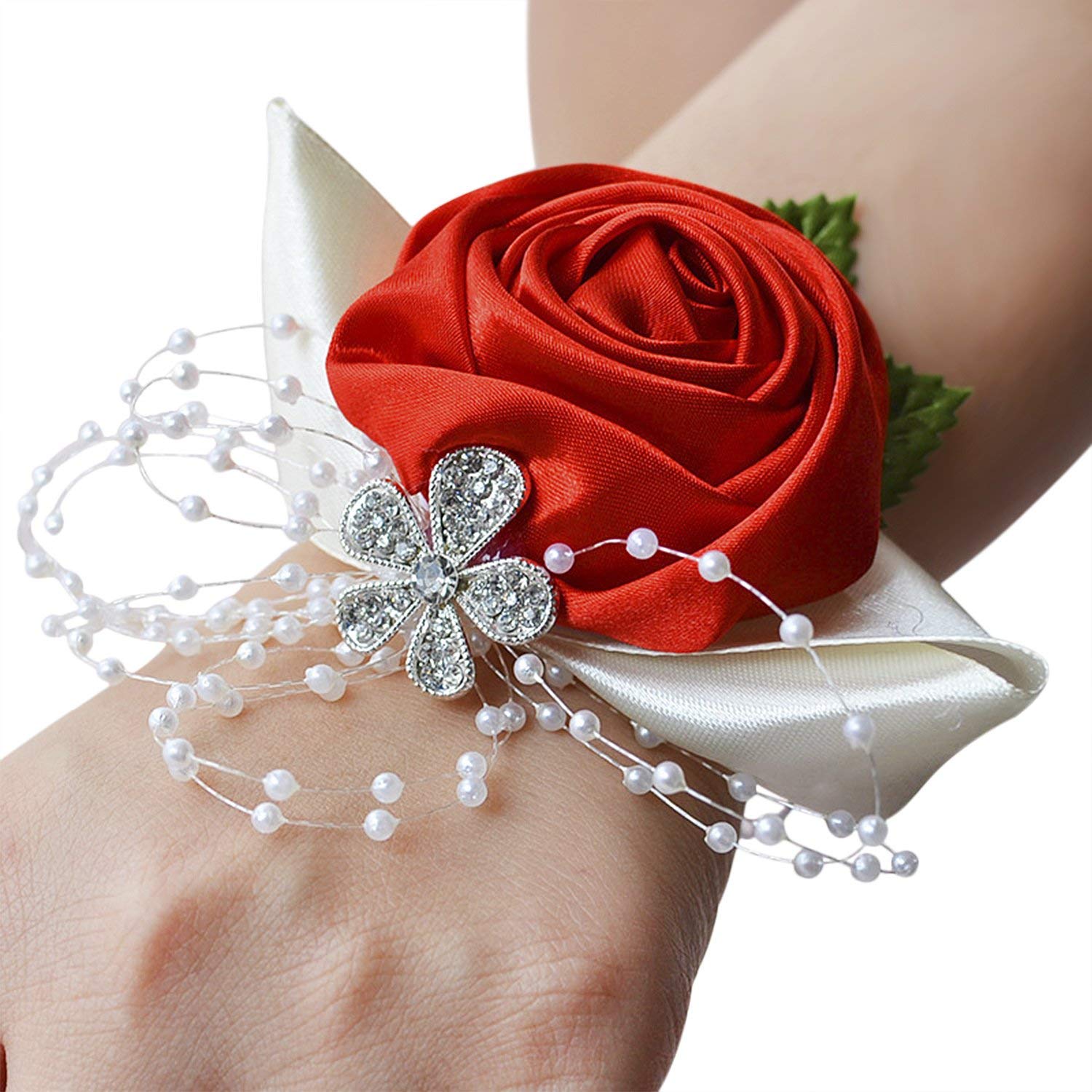 Women Wedding Bridal Floral Wrist Corsage Bridesmaid Wrist Flower Hand Flower Wristband Prom Handwear Bracelet with Shiny Rhinestone Fancy Dress for Wedding Party Hot Red