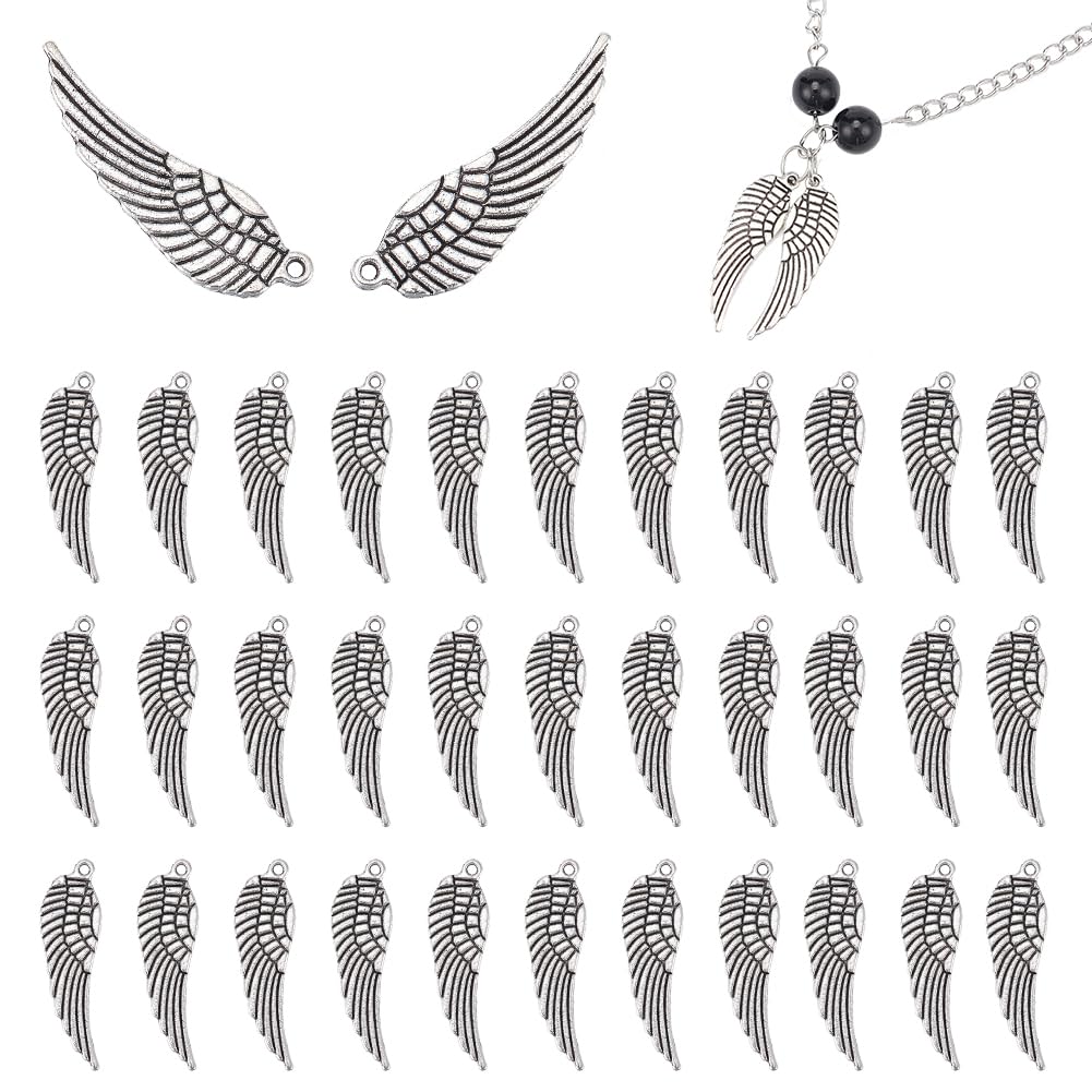 PH PandaHall 80pcs Tibetan Style Feather Angel Wing Pendants - Double-Sided Antique Silver Charms for Easter, Bracelet, Necklace, Earring and Jewellery Making